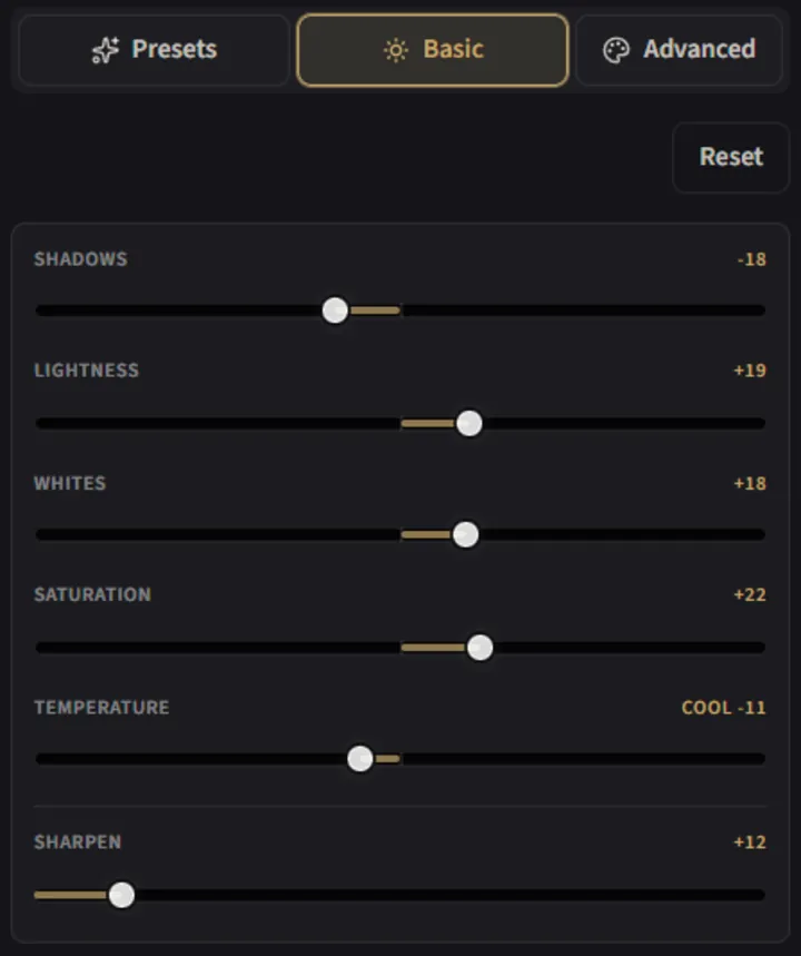 Basic color correction sliders