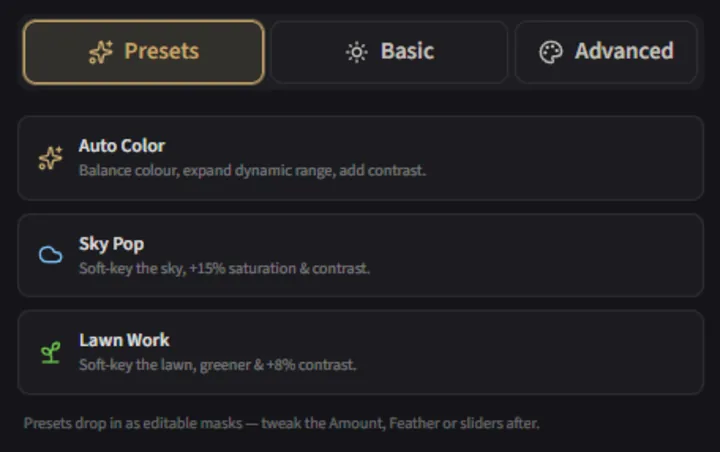 Color presets panel with auto color and sky pop options