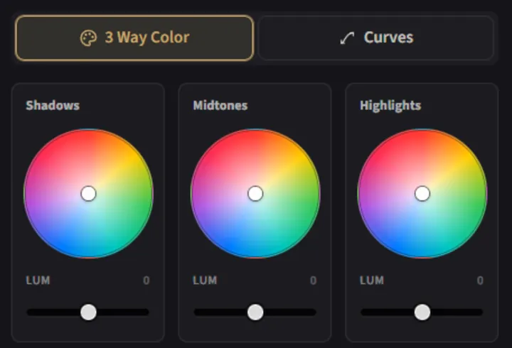 Three-way color wheels for shadows, midtones, and highlights
