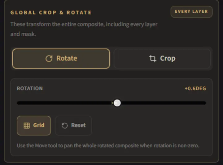 Global crop and rotate controls with rotation slider and crop mode