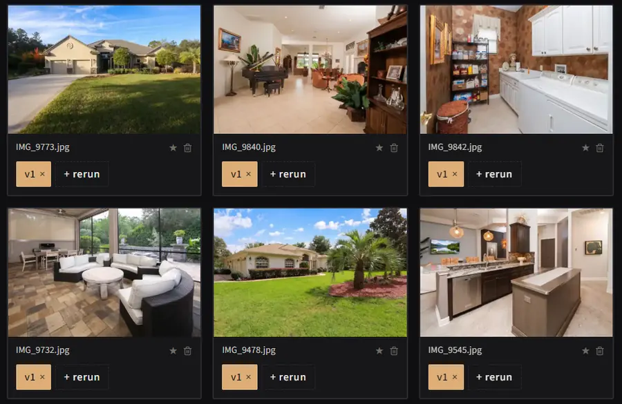 Uploaded listing image grid with versions, favorites, and rerun controls