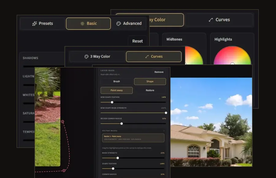 Collage of editing tools for color, masks, cleanup, and crop controls